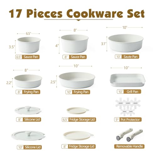 SENSARTE 17 Piece Pots and Pans Set, Nonstick Detachable Handle Cookware Set, Induction Kitchen Cookware Set with Removable Handle, Healthy Non Stick for RV, Dishwasher ＆ Oven Safe, PFOA Free (White) by SENSARTE - Image 2