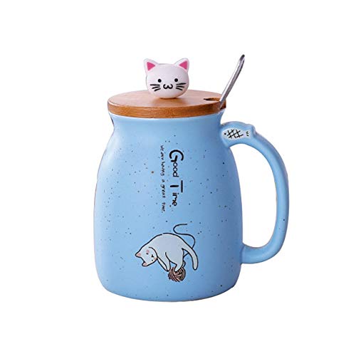 Mug Wine Set Cup Creative Color Cat Heat Resistant Mok Cartoon with Cover 420Ml Cup Kitten Coffee Ceramic Mugs Kids Cup Office Drinking Gift,Blue 420Ml