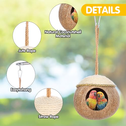 Image of 3 Pcs Natural Coconut Bird Hide Nest Hut for Cage with Woven Straw Bird Parakeet Coconut Fiber Hanging Birdhouse Cage Habitats Decor for Parrot Cockatiel Lovebird Finch Squirrel Hamster
