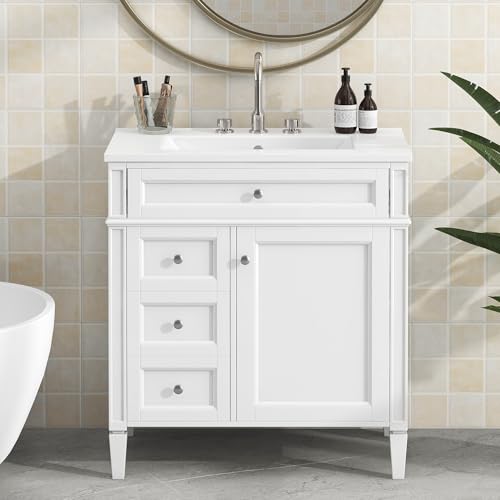 Image of Favfurish 30-Inch Bathroom Vanity with Ceramic Sink and 3 Drawers & Soft Closing Door,Wood Water-Resistant Freestanding Storage Cabinet w /Adjustable Shelves & Overflow for Small Space Bathroom,White