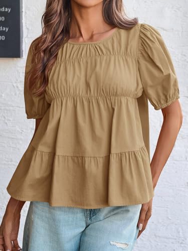 Image of Tankaneo Womens Puff Sleeve Peplum Babydoll Tops Summer Flowy Pleated Cotton T-Shirts Casual Loose Fit Cute Blouse