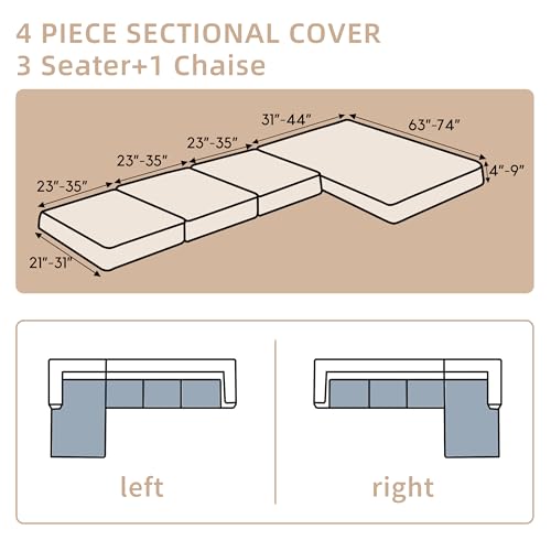 KaviKon Stretch Sectional Couch Covers, Wear Resistant L Shaped Sofa Slipcovers Washable Soft Protector Anti Slip Cover with Chaise Lounge (3PC*Seat Cushion Cover + 1PC*Chaise Cover, Leaf Beige) — view 4