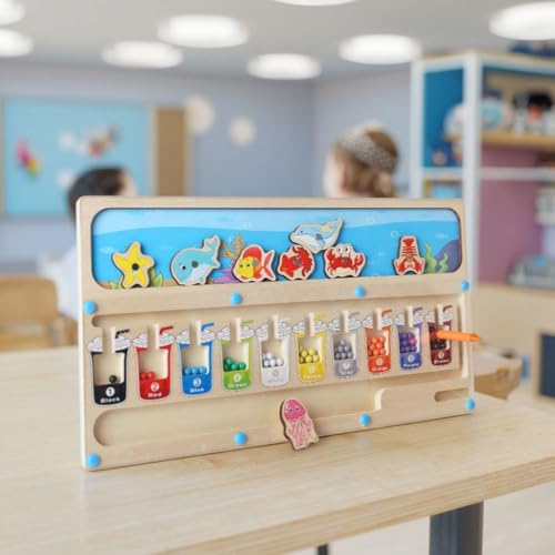 Image of Wooden Magnetic Fishing Toy for Kids, Montessori Ocean Theme Color Matching and Counting Board, Educational Learning Game with Fishing Rod.