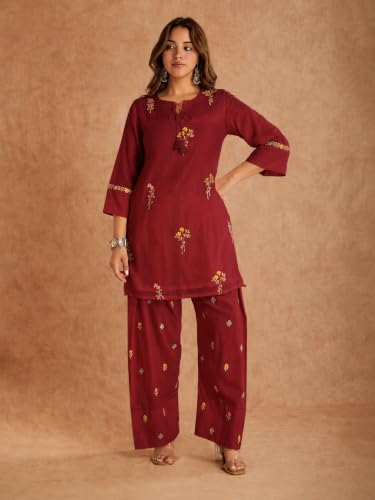 Image of ANNI Designer Farshi Salwar Suit for Women Viscose Embroidered | Co Ord Set for Woman | Straight Kurta Palazzo Outfit Round Neck V Slit 3 /4 Sleeve Ethnic Dress Womens Clothing