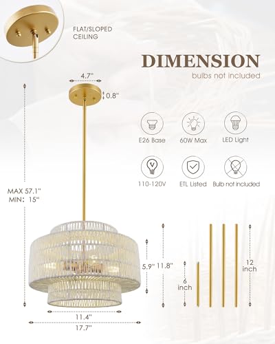 Image of 18 inch Boho Rattan Chandelier, Gold, AD-25050-4P-WH | 4-Light 3-Tier Hand Woven Dining Room Light Fixture, White Pendant Lights for Living Room Kitchen Island, Adjustable Height