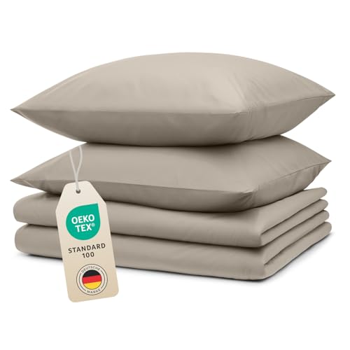 Blumtal Bettwäsche 2X 135x200cm + 2X 40x80cm Kopfkissenbezug - Oeko-TEX zert. Mikrofaser Bettwäsche Set - Mikrofaser Bettbezug bis 95 °C - Deckenbezug + Kissenbezug 4-teilig - Bettbezug Taupe