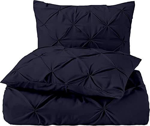 Pinch Pleat PinTuck 3 Piece Duvet Cover Set - 100% Egyptian Cotton Quilt Covers Bedding, 300 Thread Count Diamond Bedding Set with Zipper Closure Hotel Quality - Navy Blue Solid, Emperor Size.