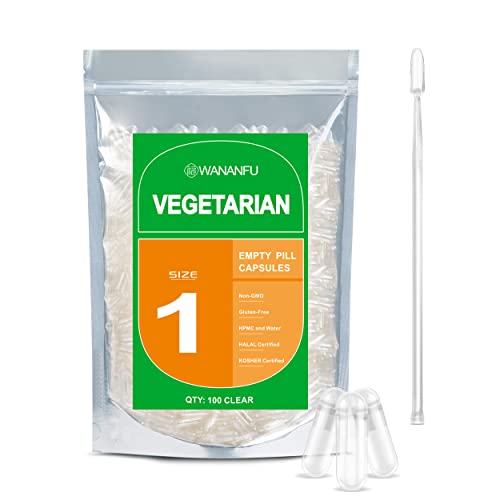 wananfu Size 1 Empty Capsules Vegetarian (100 Count) Bundle with Micro Lab Spoon Clear Fillable Veggie Pill Capsules Size 1 for Making Your Own Supplements