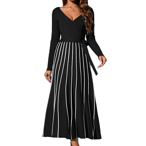 Womens 2025 Spring Autumn V Neck Wrap Dress Long Sleeve Tie Waist Ribbed Knit High Waist A Line Casual Midi Dress