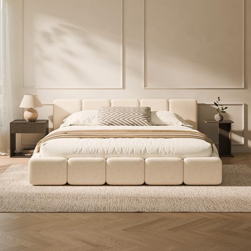 Image of RECCI Cloud King Upholstered Platform Bed Frame, Low Profile Grounded Design with Plush Headboard & Footboard, Wood Slat Support, Noise-Free, No Box Spring Required, Beige