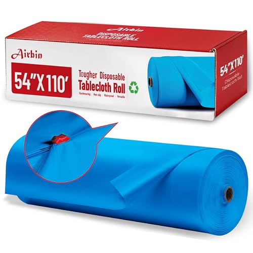 Image of Plastic Table Cloth, 110 Ft X 54 in Disposable Tablecloth Blue Tablecloth Premium PEVA Plastic Table Cloth Disposable with Any Cut Sliding Cutters for Picnics, Parties, Birthdays, Festivals