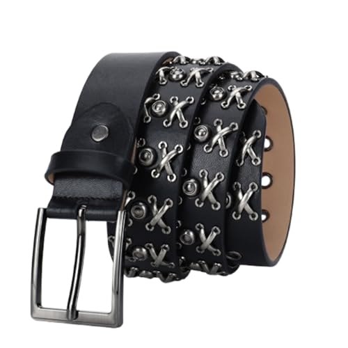 Ceinture punk rock en cuir avec 3 rangs de rivets circulaires et strass brillants