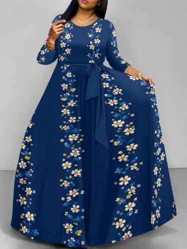 Image of Women Plus Size Long Sleeve V Neck Maxi Dress with Belt | Soft fabric relaxed fit three quarter sleeve v neck with pockets for party and daily wear