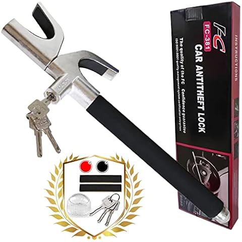 AYSUM Steering Wheel Lock, Vehicle Anti-Theft Lock, Universal Car Steering Wheel Lock, Adjustable Car Lock Anti Theft Device with Emergency Hammer Window Breaker and 3 Keys (Black) Cover