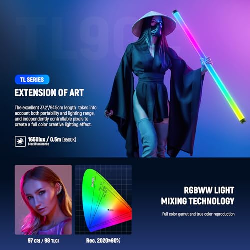 Image of NEEWER RGB Tube Light, 30W LED Video Light RGBWW Full Color Stick Light Wand with 18 Scenes 7 Pixel Effects 2500-10000K CRI97 /TLCI98 6000mAh, APP /2.4G /DMX Control for Photography Video Record, TL90C