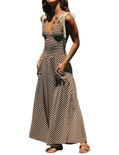 Image of Women Casual Summer Dresses Smocked V Neck Beach Dress Striped Sleeveless Sundress Flowy Long Dress with Pockets