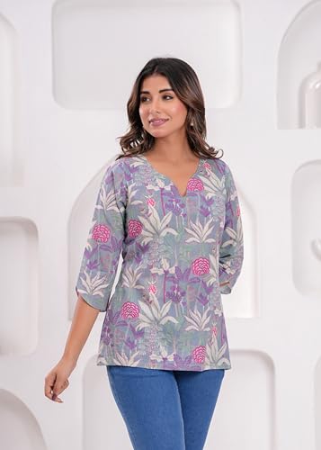 Image of MANHAREE Women's Cotton Floral Printed Short Kurti Top | V-Neck 3 /4 Sleeve Ethnic Tunic for Jeans | Casual Summer Wear Kurta for Women and Girls