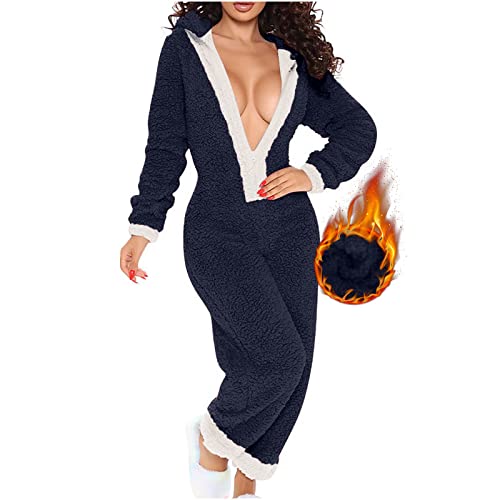 Christmas Onesie For Women Sexy Deep V-Neck Fleece Hooded Pajamas Zipper Sleepwear One-Piece Winter Jumpsuit Romper Navy #TOP1