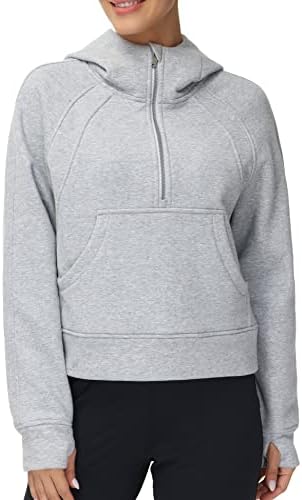 THE GYM PEOPLE Women’s Hoodies Half Zip Long Sleeve Fleece Crop Pullover Sweatshirts with Pockets Thumb Hole Grey