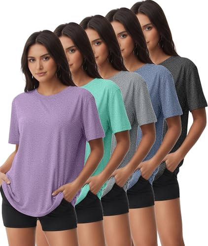 Kinglaman 5 Pack Workout Tops Gym Shirts for Women Dry Fit UPF 50+ Sun UV Protection Swim Athletic Yoga Tee T Shirts Tops 1 Black 1 Gray 1 Blue 1 Purple 1 Green Medium