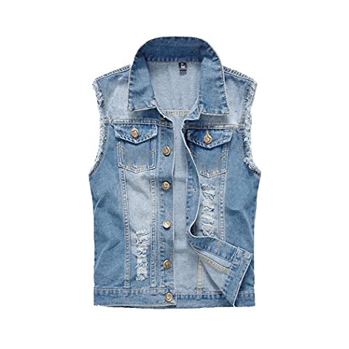 Gilet coréen slim bleu clair en jean pour homme rétro denim style sans manches décontracté XXL