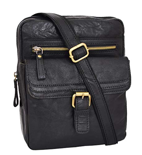 Sac bandoulière pour les hommes cuir noir véritable fermeture éclair haut Joel