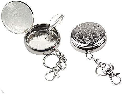 CRIVERS 2pc Portable Pocket Ashtray/Vehicle Cigarette Ashtray, Mini Stainless Steel Ashtray with Key Chain and Cigarette Snuffer, Modern Ash Holder for Outdoor Use (Carved Pattern)