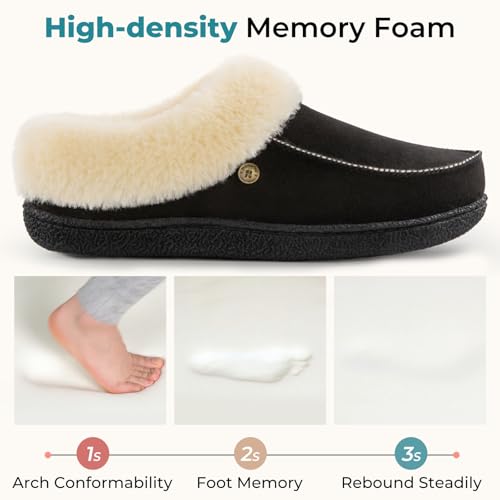HomeTop Women's Comfy Moccasin Style Memory Foam Slip on Slippers Soft Micro Suede Clog House Shoes with Luxury Fuzzy Fur Collar4