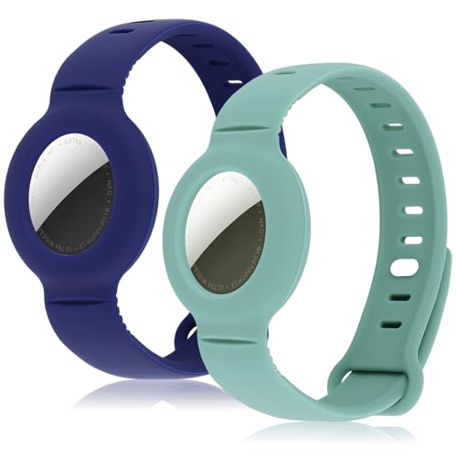 Airtag Bracelet for Kids Adjustable Airtag Watch-Style Wristband Waterproof Silicone Airtag Holder Compatible with Apple Airtag 2-Pack / 8-Pack air tag Bracelet (Dark Blue & Green 2-Pack)