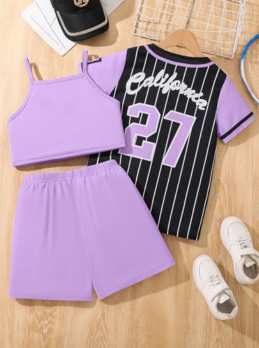 Image of Hilinker Girls Graphic 3 Piece Outfits Short Sleeve Striped Cardigan and Crop Cami with Shorts Set