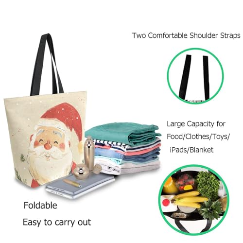 Extra Large Canvas Shoulder Tote Bag, Lovely Cartoon Santa Christmas Durable Daily Womens Handle Bag for Gym Yoga Weekender Picnic Beach Travel Kitchen Reusable Market Grocery Shopping3