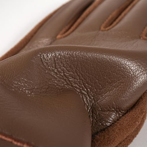 قفازات جلدية شتوية للنساء من القاس، قفازات شتوية مبطنة بالصوف مقاومة للرياح مصنوعة من الشمواه الدافئ للشاشات التي تعمل باللمس، لون برونزي، مقاس L-XL