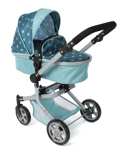 Bayer Chic 2000® Cochecito de muñecas Mika 2 en 1, Estrellas turquesas, Plegable, Mango Ajustable en Altura de 47 – 80 cm, Estructura Moderna, muñecas de hasta 52 cm, 4-8 J, Flowers