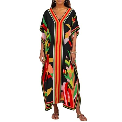 Bsubseach Women Plus Size Kaftan Dress Swimsuit Cover Up Caftan Maxi Beach Dresses Cover Ups One Size C-black 2
