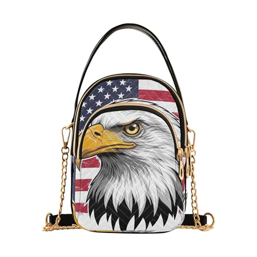 Bald Eagles American Flag Shoulder Handbag Women Phone Handbag Small Chain Purse Floral Print Zipper Bowler Tote Ladies Satchel, 5.9