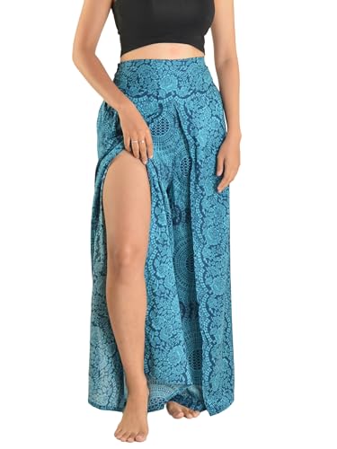 Image of Orient Trail Womens Palazzo Slit Leg Wide Leg Wrap Pants Casual Beach Boho Hippie Bohemian Pilates Flowy Pants Sizes 2-18, Yantra Teal, XL