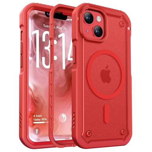 ORETECH Magnética para Funda iPhone 13, [con mag-Safe][2X Protector de Pantalla], Protección de Cuerpo Completo 360 Grado Antigolpes Translúcido Carcasa Fundas iPhone 13, Rojo