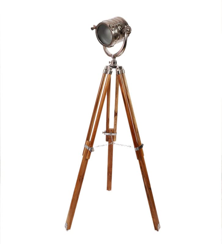 Image of PRISTINE INTERIORS Brown Fabric Shade Tripod Floor Lamp with Black Base Silver Metal Shade Tripod Floor Lamp with Beige Base (Issac Nickle)