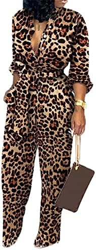 Aro Lora Womens Sexy Deep V Neck Long Sleeve Button Down One Piece Pant Outfit Wide Leg Jumpsuit Romper X-Large Leopard Print