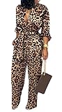 Aro Lora Womens Sexy Deep V Neck Long Sleeve Button Down One Piece Pant Outfit Wide Leg Jumpsuit Rom