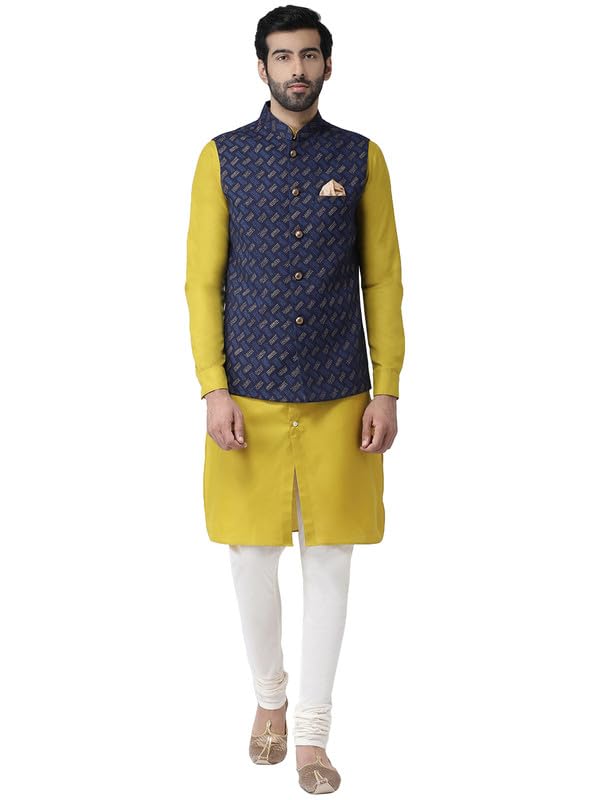 Kisah Kurta Jacket Churidar Set For Men, Navy Blue Cotton Blend, Printed Regular Fit Mandarin Collar Long Sleeves (38)