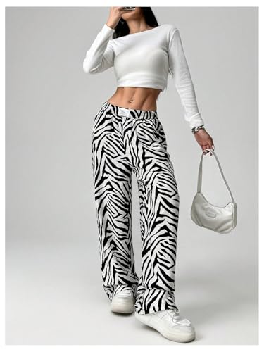 Image of RoseSeek Women's Letter Leopard Print Y2K Straight Elastic Waist Leg Pants | Cheetah Print, Straight, Baggy Loose Fit, Slant Pocket, Streetwear, Vintage, Graphic Trousers