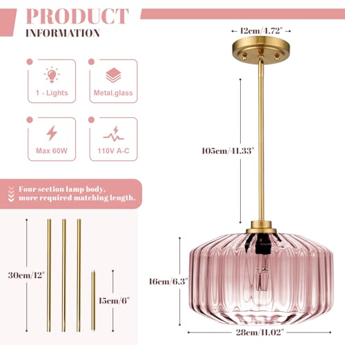 Image of Pendant Lights Gold Kitchen Island Pendant Light Fixtures 1 Light with Amber Glass Shade, Large Glass Chandelier Hanging Lights for Bedroom Living Dining Room (Pink)