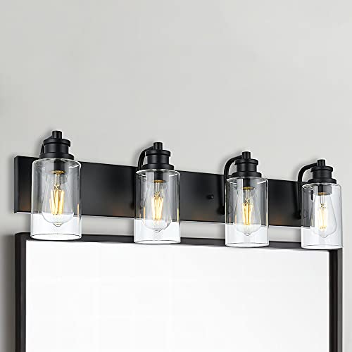 Image of 4-Light Bathroom Vanity Light, 28 inch Black Bathroom Lighting Fixture with Clear Glass Shades, Modern Wall Lamp for Bathroom Mirror, Bedroom, Hallway, Living Room, Cabinet