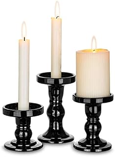 NUPTIO 3 Pcs Black Glass Candle Holder, Crystal Candlesticks Holders for Pillar & Taper Candle, Christmas Candle Holder Decorations, Table Candle Holders for Home Living Room Wedding Party Décor