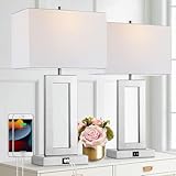 gernehop Silver Table Lamps Set of 2 with Dual USB Ports,3-Way Dimmable Touch Control Bedside Lamps,Modern Bedroom Table Lamp for Living Room,Nightstand LED Bulbs Included
