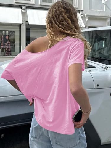 Image of SXV STYLE Women's Off Shoulder T-Shirt, Pink, Number 63 Print, Short Sleeve, Casual Style