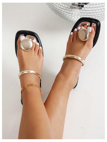 GORGLITTER Women's Metal Ring Strappy Flat Sandals Dressy Square Open Toe Leather Summer Vacation Slides3