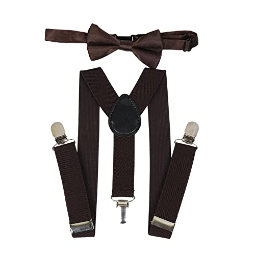 NiceYnn 2.5cm Large Bretelle et Nœud Papillon Pré-noué 9cm pour Enfants 1-9 ans 3 Clips Longueur Ajustable 60cm Elastique Marron Cover