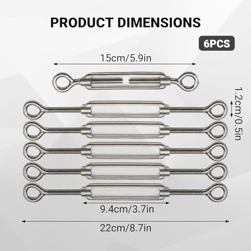 6PCS Tensores para Cables, Tensor Ajustable de Acero Inoxidable 304 para Cables de Sombra, Barandal y Riel miniatura 3
